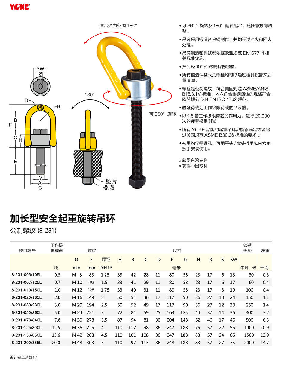 台湾YOKE加长型安全起重旋转吊环公制螺纹 (8-231)