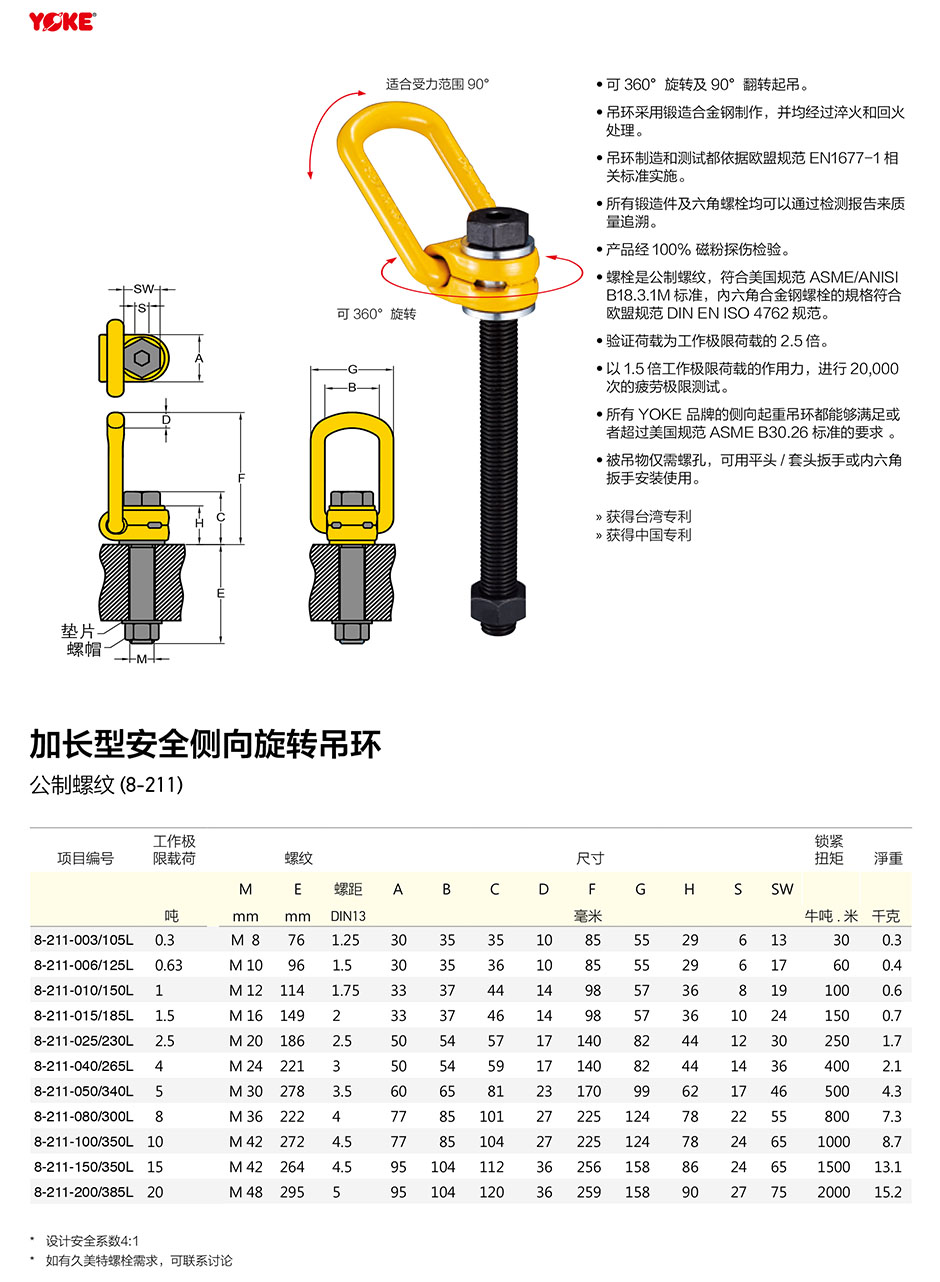台湾YOKE加长型安全侧向旋转吊环公制螺纹 (8-211L)